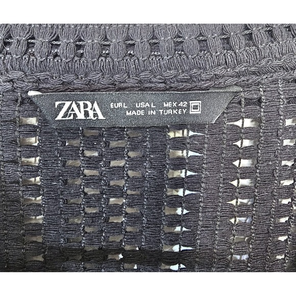 Zara Black Open Knit Short Sleeve Button Up Collered Shirt Size Large NEW - Picture 3 of 11